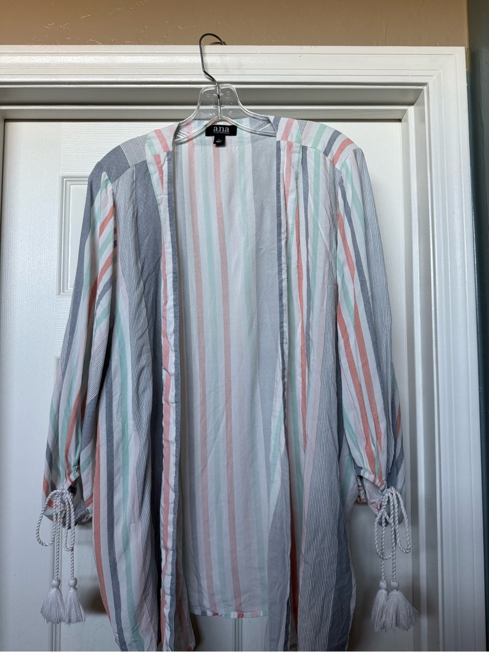 a.n.a Striped Open Front Kimono Cardigan in Mint, Coral, White & Gray